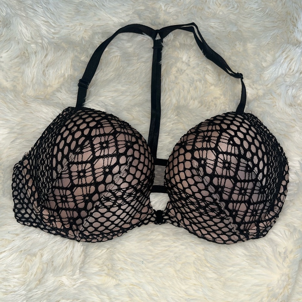 Victoria's Secret bombshell T back Black Mesh Lace Bra push up 32c